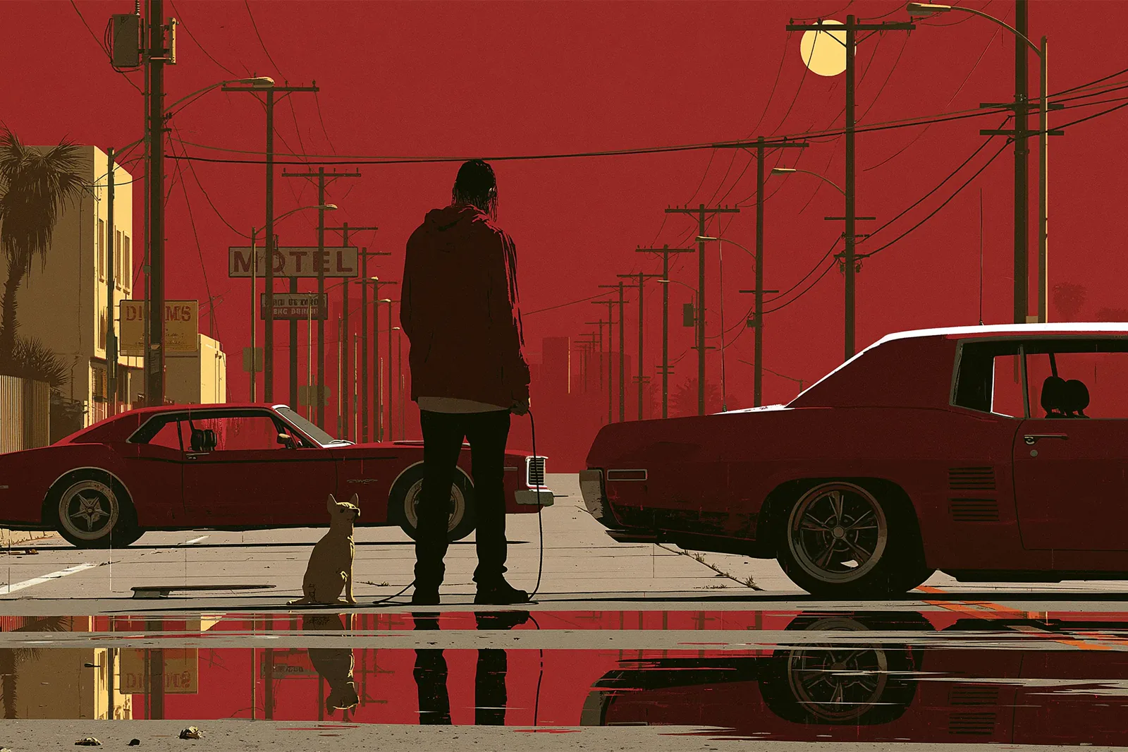 Minimal poster illustration of a figure and a dog on a red-skied street between two muscle cars