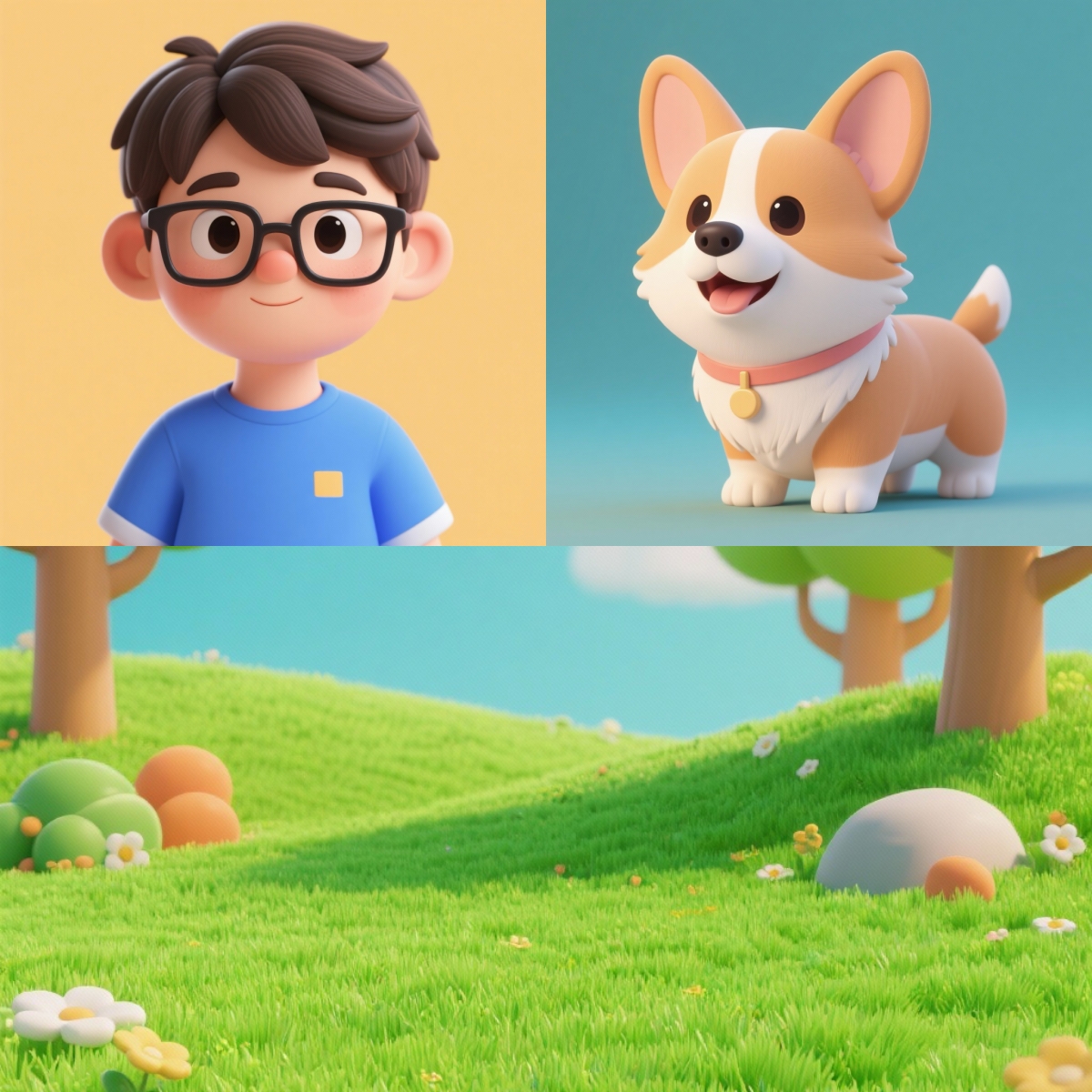 Three reference images — boy, corgi, and grass lawn