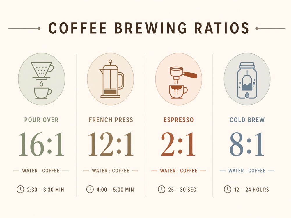 Coffee brewing ratios infographic with icons and legible small text