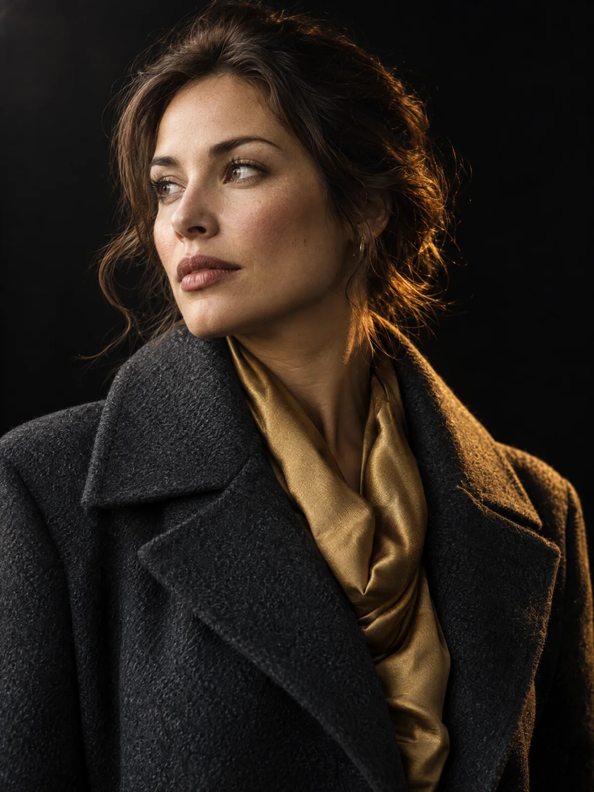 Studio portrait rendered by GPT Image 2.5 Sunburst at 1776 by 2368 pixels, with individual hair strands, skin texture and the weave of the wool coat held intact
