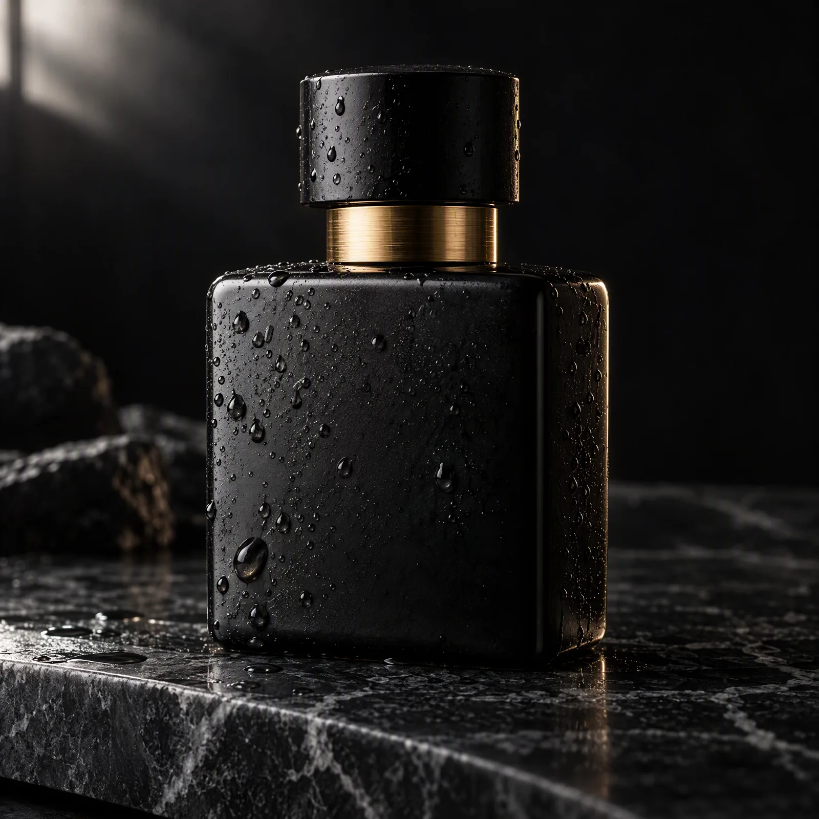 Matte-black ceramic perfume bottle with a brushed-gold collar on dark marble, lit by a single soft window light