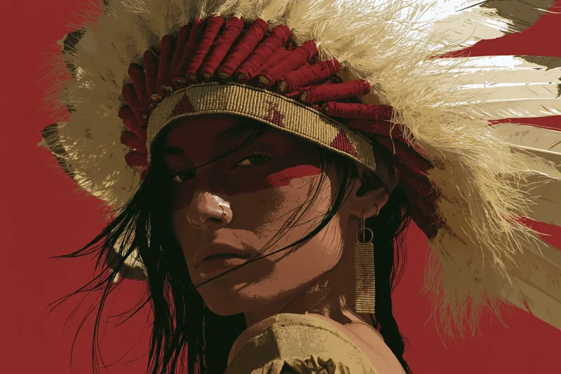 Painterly close-up portrait of a woman in a feathered headdress against a deep red background