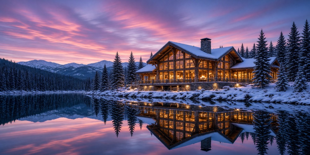 Panoramic photograph of a mountain lodge at dusk in 2:1 aspect ratio