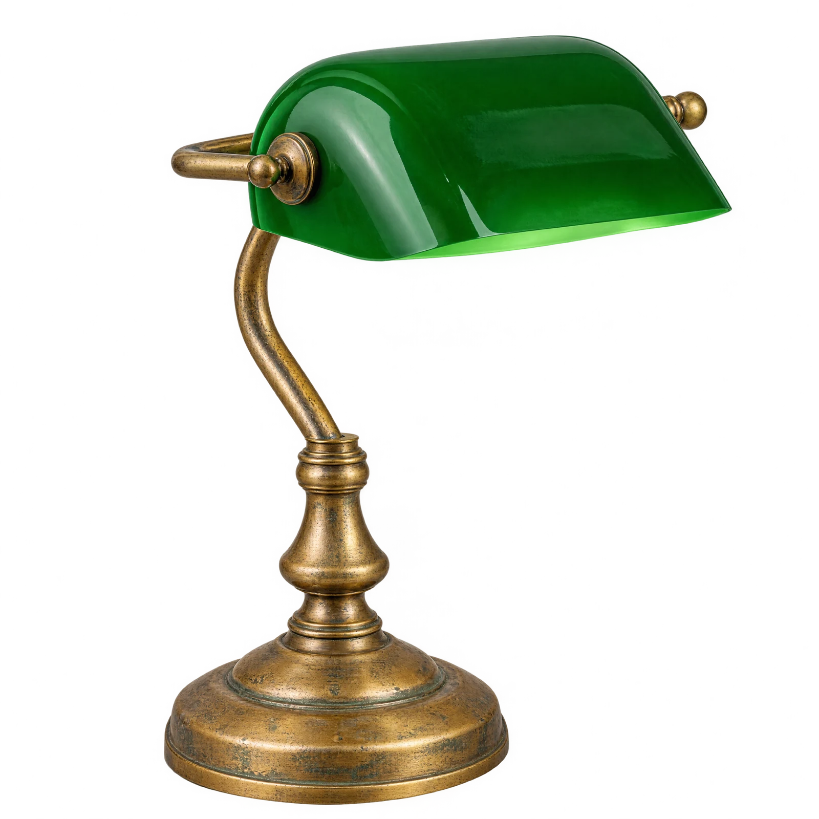 Vintage brass desk lamp with a green glass shade, rendered on a transparent background as a clean cutout