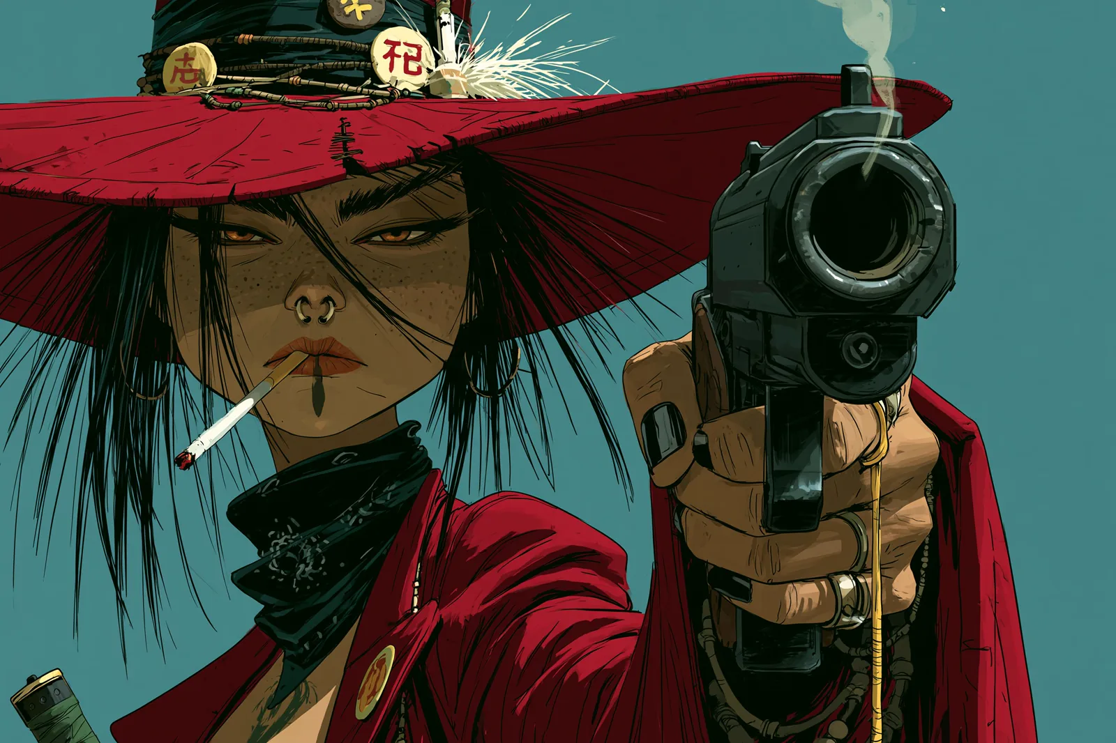 Comic-style illustration of a gunslinger in a wide red hat aiming a revolver, rendered in a European bande dessinée style