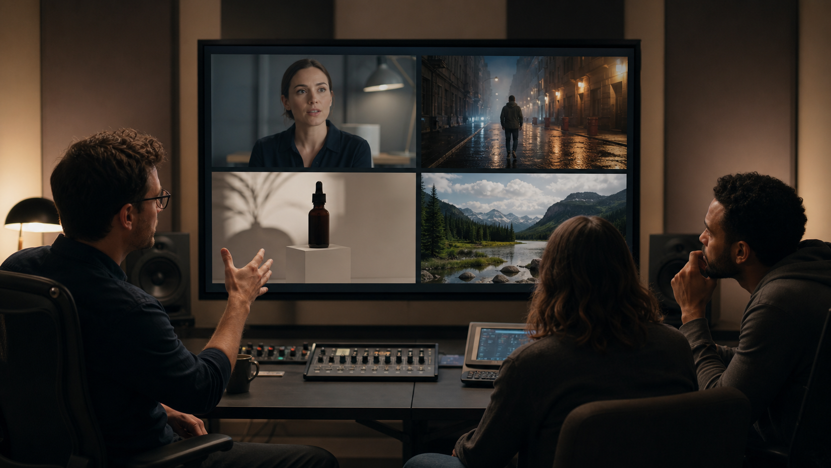 A professional video team reviewing four distinct AI-generated shots on a studio display