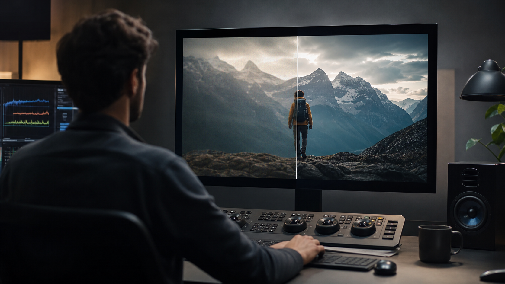 A creator comparing an original soft video frame with a clean enhanced version