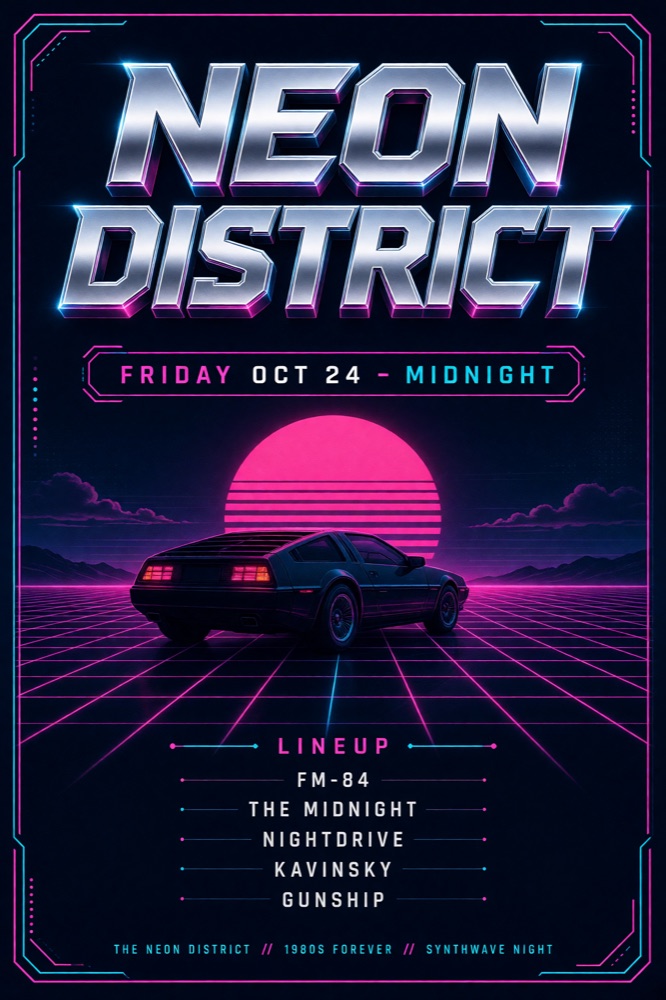 Synthwave concert poster with chrome headline typography generated by Grok Imagine 2.0