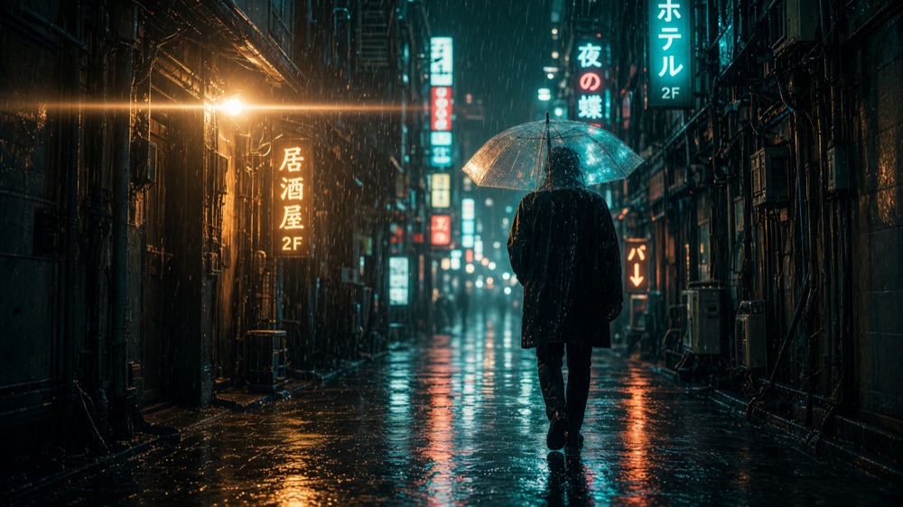 Cinematic film still of a rainy neon-lit Tokyo alley generated by AI
