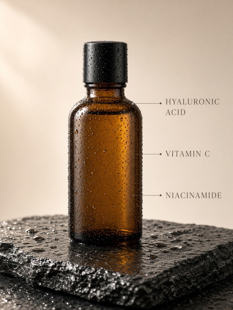 Skincare serum bottle advertisement with ingredient callout labels, AI generated product photography