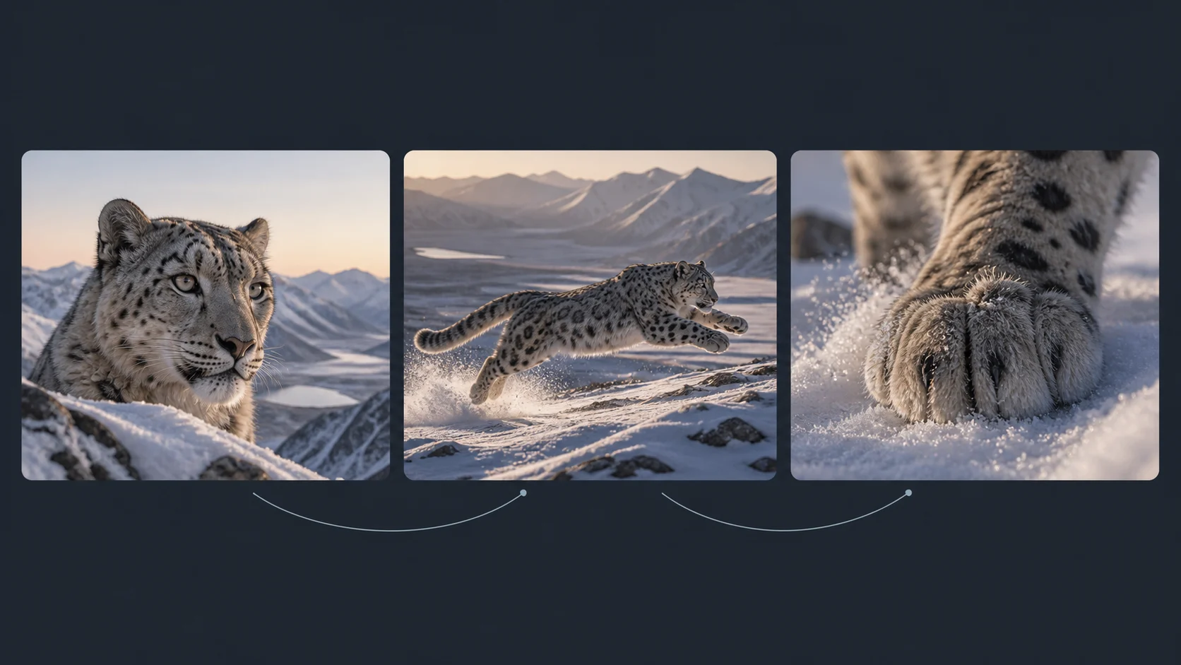 Three-shot wildlife-style AI video plan showing setup, action, and consequence