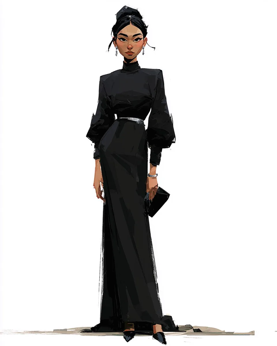 Character sheet of a woman in a floor-length black gown, drawn on a plain white background