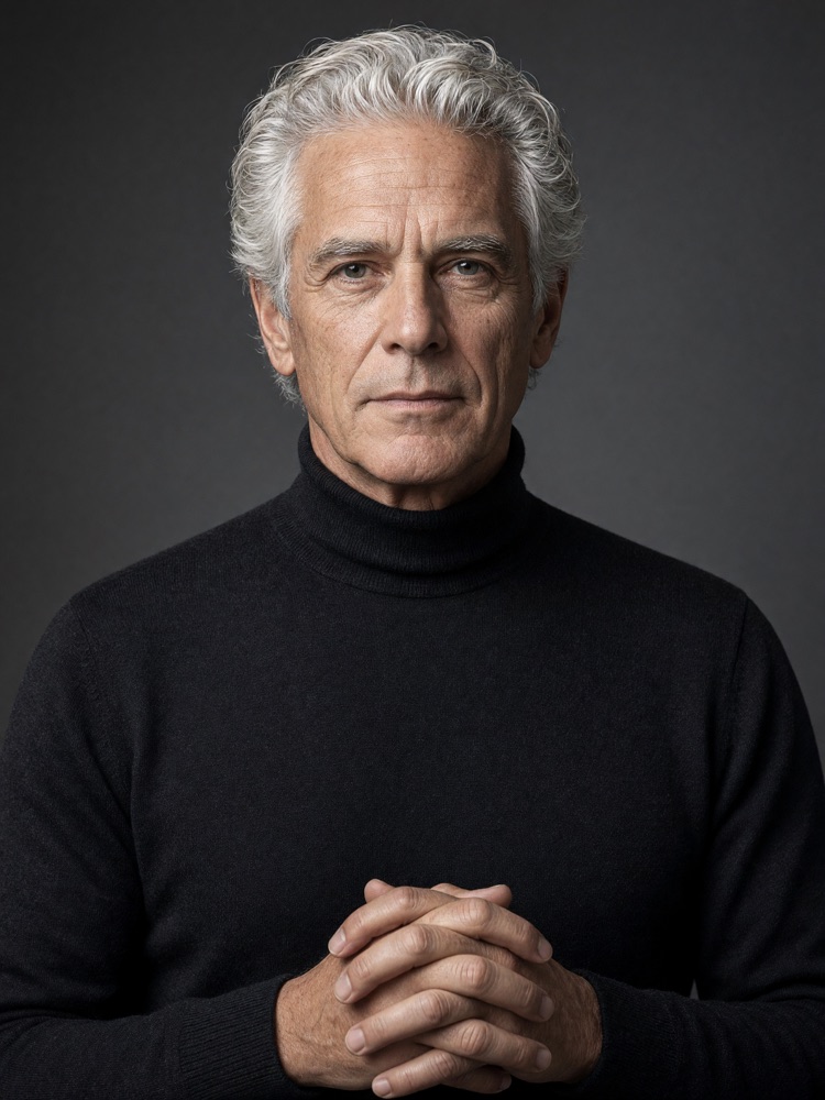 Editorial studio portrait of an architect with dramatic lighting, AI generated