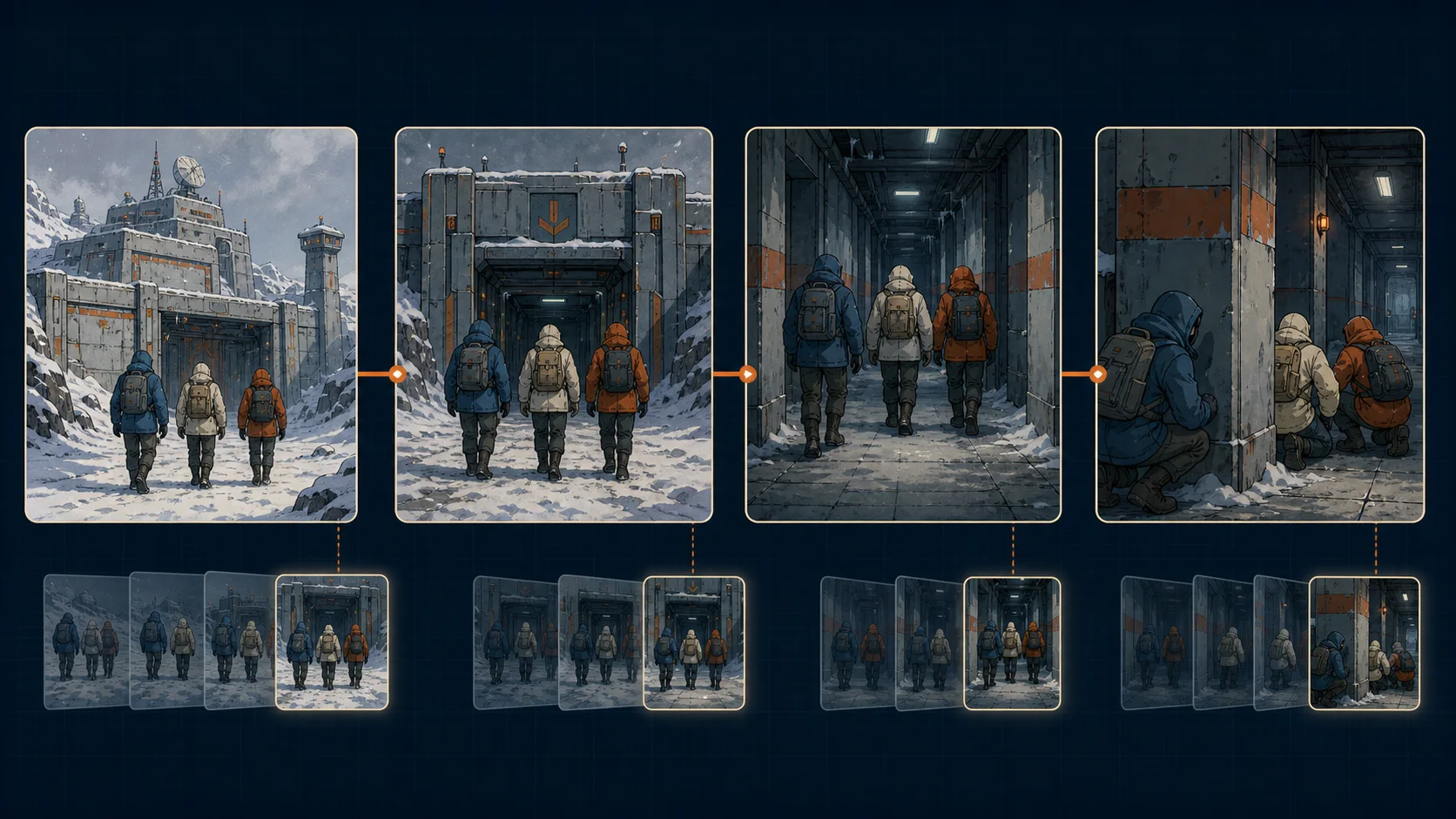Four linked story states with transition frames between them